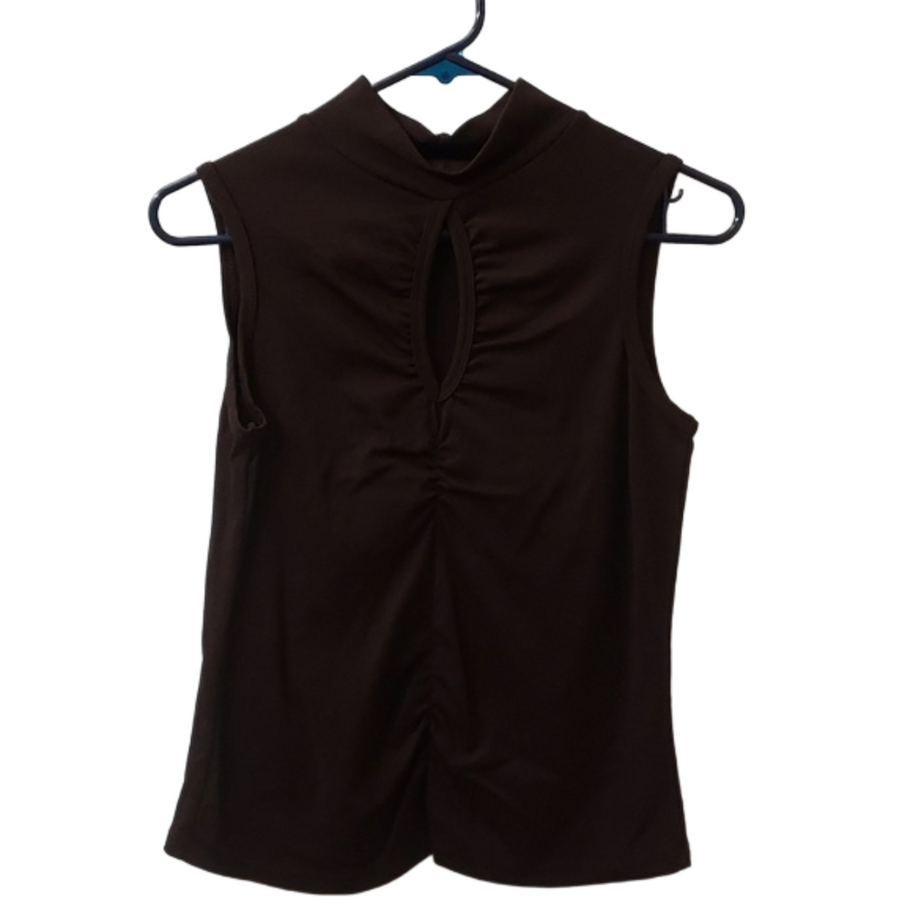 Brown sleeveless shirt with peek a boo front.